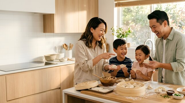 Asian family laughing while preparing dumplings in modern home kitchen