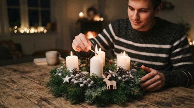A man carefully lights candles on a festive Christmas wreath. He is sitting at a wooden table, holding a mug and gazing at the candles with a thoughtful expression.
