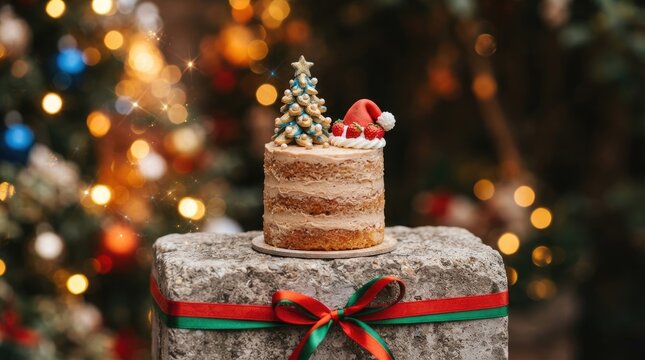 A small, frosted cake decorated with a miniature Christmas tree and a Santa hat sits atop a wrapped gift box. The cake is placed on a gray stone block.