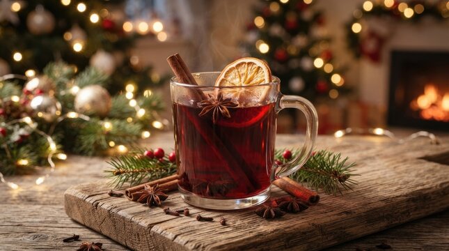 A glass mug contains a steaming mug of mulled wine. The drink is garnished with a star anise, a cinnamon stick slice, and cloves.
