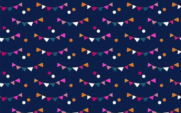 Seamless pattern Carnival garland with flags. Festive multicolored triangle for holiday design. Hand drawn doodle style 
