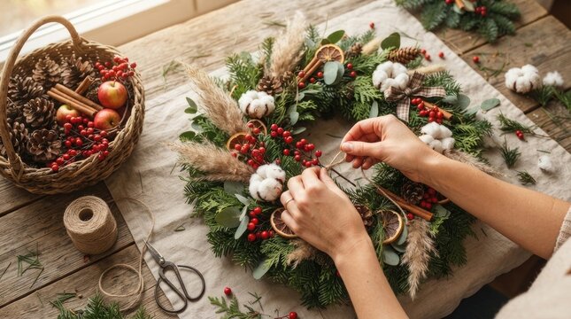 A person is crafting a rustic Christmas wreath on a wooden table. They are carefully attaching pine branches, cotton, cinnamon sticks, dried orange slices, and red berries to a wreath base.