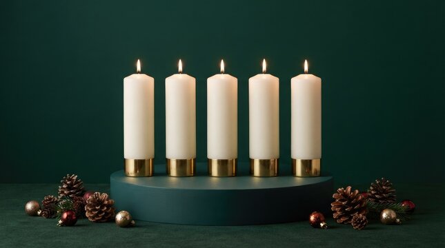 Five white pillar candles with gold bases are arranged on a circular, dark teal platform. The candles are lit, emitting a warm glow.