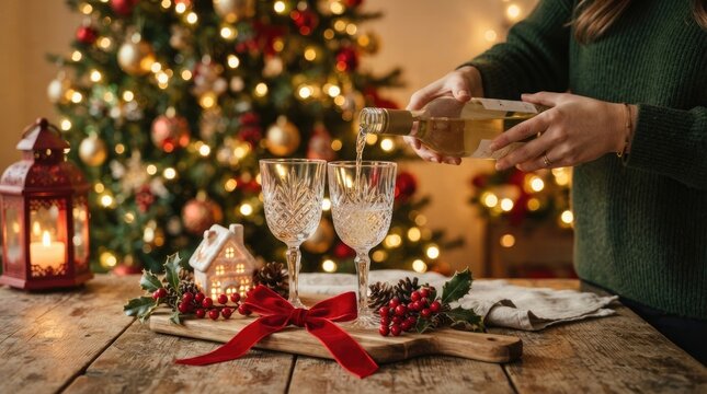 A woman pours sparkling wine into two crystal glasses. She is standing in front of a decorated Christmas tree.