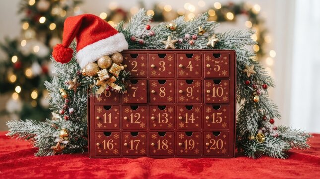 A festive Christmas advent calendar sits prominently on a red velvet tablecloth, adorned with frosted pine branches and a Santa hat.