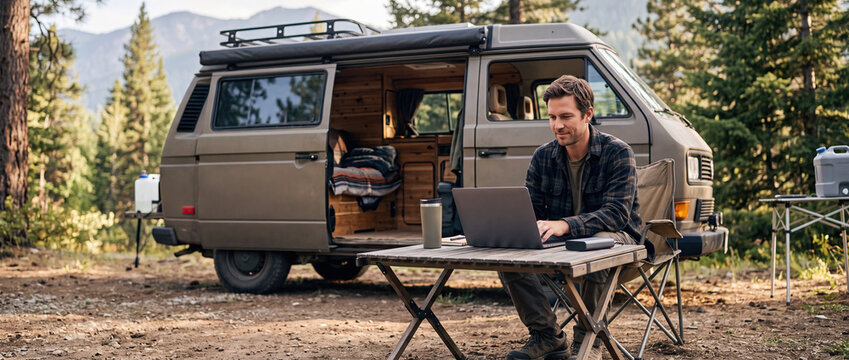 Remote Freelancer Working on Laptop Beside Camper Van