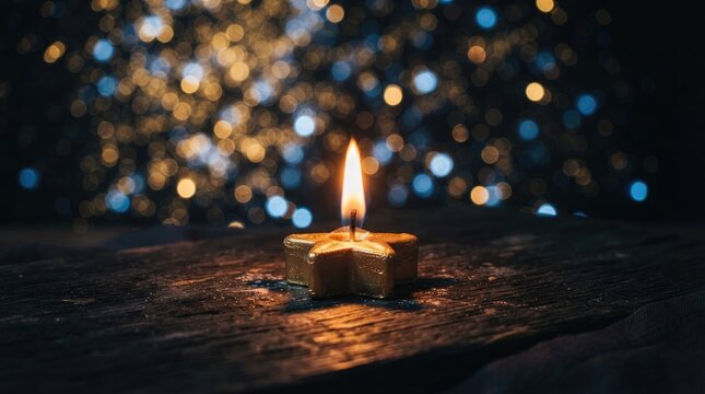 A single, golden star-shaped candle burns brightly on a dark wooden surface. The candle flame casts a warm, orange glow, illuminating the surrounding darkness.
