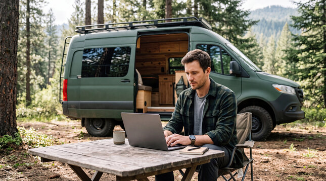 Remote Freelancer Working on Laptop Beside Camper Van