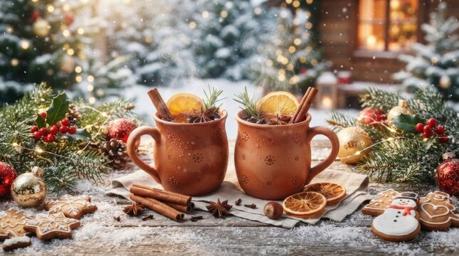 Two rustic mugs filled with spiced mulled wine are arranged on a wooden table adorned with festive decorations.