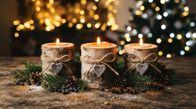 Three rustic pillar candles burn brightly on a wooden table. The candles are wrapped in burlap and adorned with small heart-shaped ornaments and pine sprigs.
