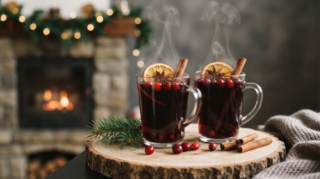 Two mugs of mulled wine sit on a wooden board, steaming gently. The mugs are garnished with orange slices, cinnamon sticks, and cranberries.