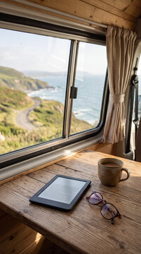 EReader and Glasses on Camper Table with Coastal View