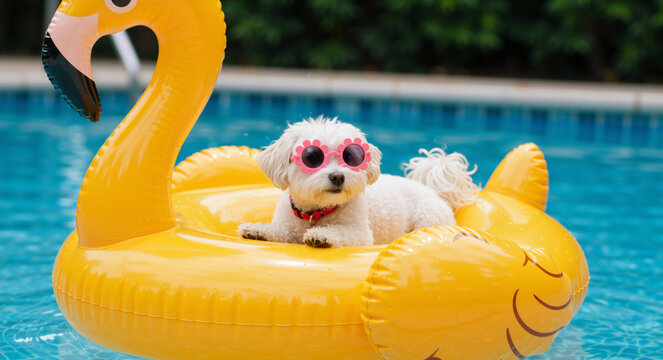 Small white dog wearing pink sunglasses on yellow flamingo float in swimming pool. Summer pet scene