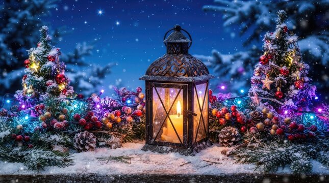 A warm, ornate lantern glows with a lit candle, illuminating a festive winter scene. Two decorated Christmas trees stand on either side of the lantern, adorned with colorful lights and ornaments.
