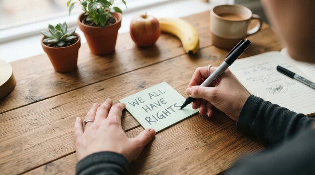 Person writing we all have rights on a sticky note