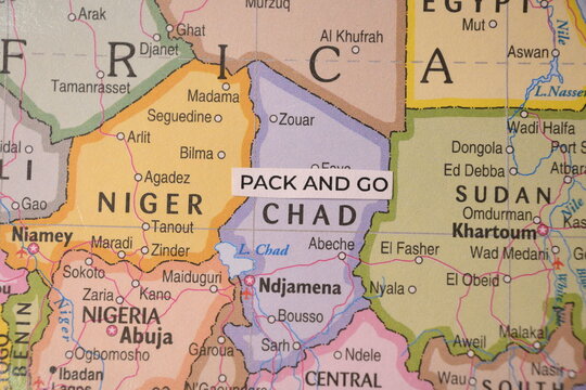 Pack and go label placed over Chad on political world map