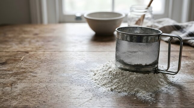 Metal flour sifter resting on rustic wooden surface with spilled powder