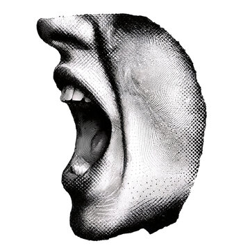 A halftone screaming face profile is depicted in a bold black and white vector illustration abstract agitation alarm