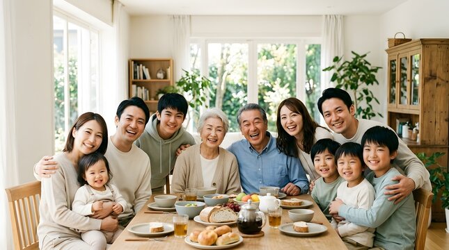 Multi generational family having meal at home dining table together