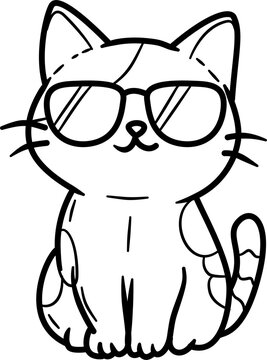 Cute smiling cat wearing glasses doodle line art cartoon illustration clipart icon design