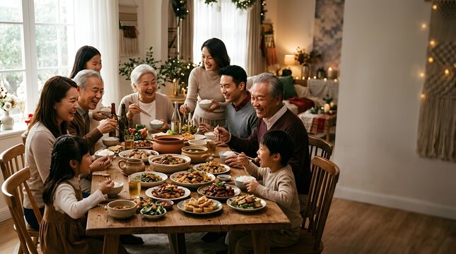 Multi generational family sharing a festive dinner at home together
