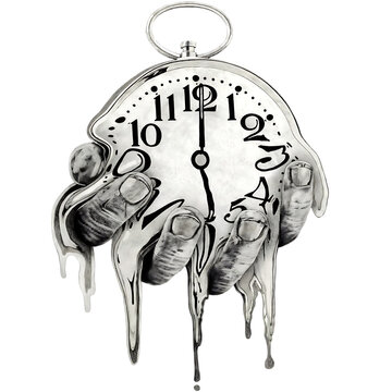 Melting pocket watch with dripping hands appears as a surreal sketch on a white background clock watches timepiece