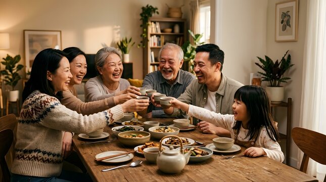 Multigenerational asian family laughing while toasting cups at dinner