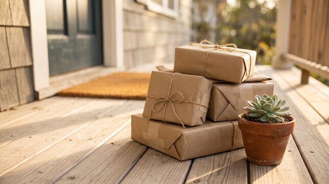 Stacked brown paper parcels and succulent plant on wooden porch at