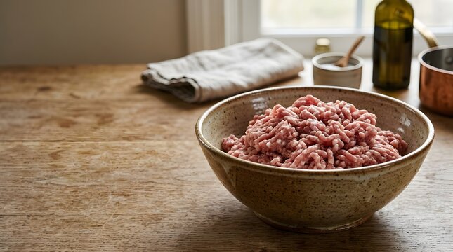Raw ground meat in a ceramic bowl on a wooden table for cooking