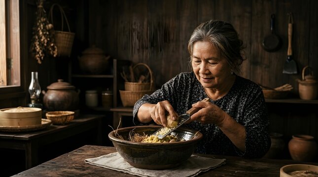 Senior Asian woman grating fresh ginger root in a rustic wooden kitchen