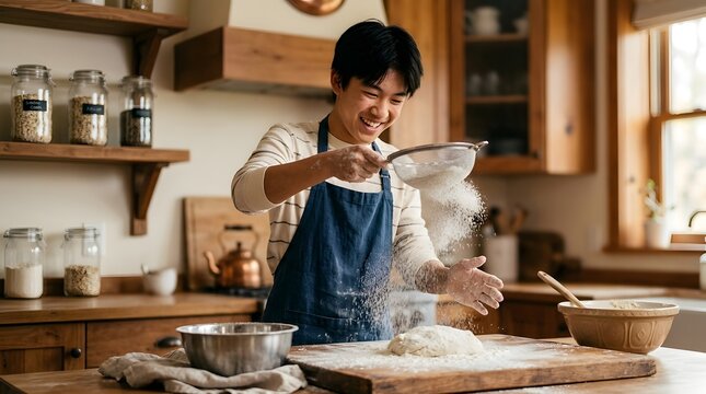 Smiling young man sifting wheat flour over dough in rustic kitchen