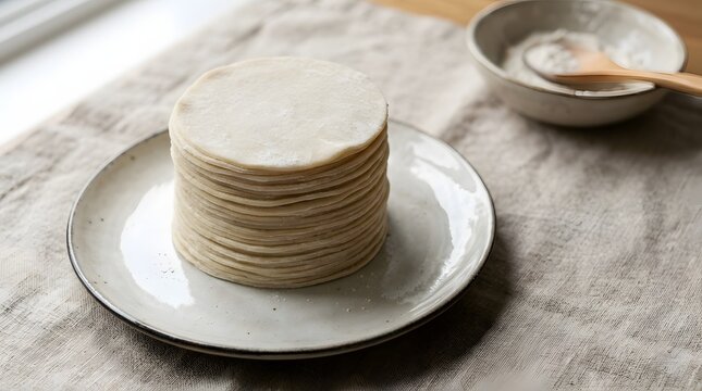 Stack of fresh round dough wrappers for dumplings on a ceramic plate