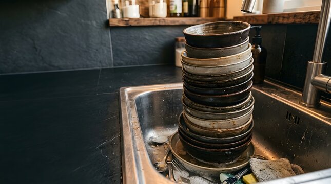 Stack of dirty ceramic bowls piled inside a stainless steel kitchen sink