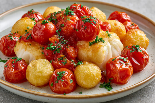 Delicious baked cod fish fillets served with roasted cherry tomatoes and fresh herbs