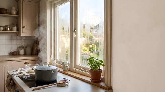 Steaming pot cooking on a kitchen stove near a wet window with a plant