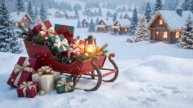Santa claus red sleigh filled with christmas gifts in a snowy winter village landscape