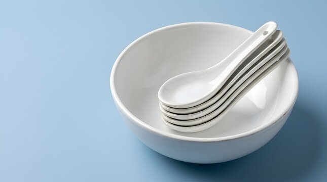 White ceramic bowl with stacked porcelain soup spoons on blue background