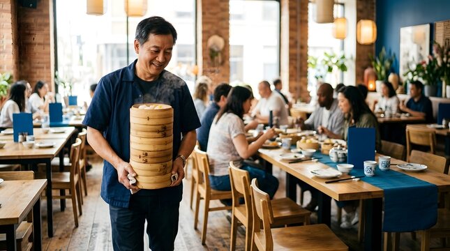 Wait staff carrying stack of bamboo steamers in busy dining hall