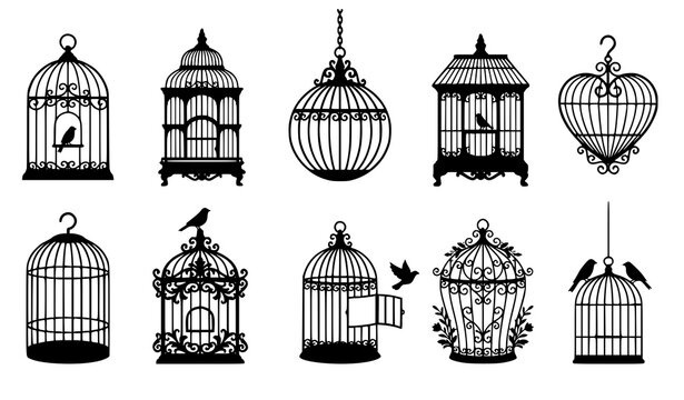 Classic Birdcage Silhouette Set with Vintage Ornamental Bird Cages for Wedding and Wall Decor