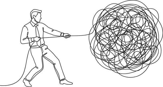 A businessman in a shirt and tie is pulling a massive tangled knot of rope symbolizing problem solving and untangling chaos.