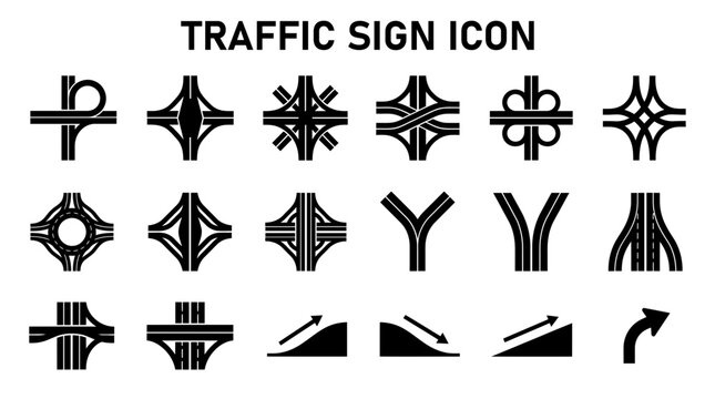 Set of black road junction traffic sign icons for highway navigation