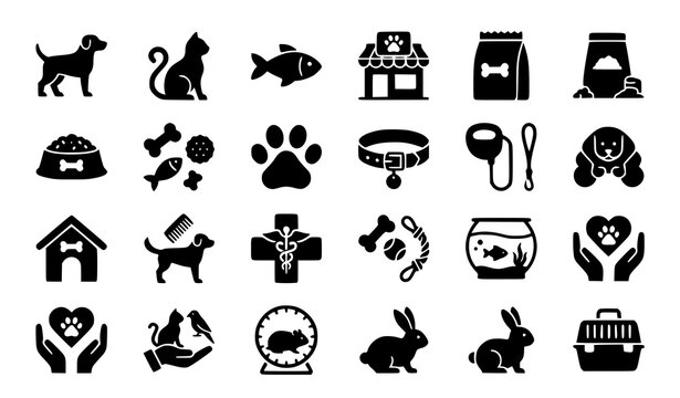 Pet shop black silhouette icon set featuring dog, cat, fish, rabbit, hamster, pet store, food bowl, paw print, collar, leash, dog house, grooming, veterinary and aquarium symbols