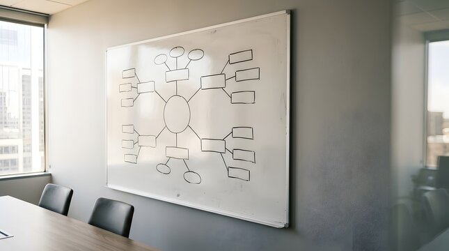 Blank mind map diagram on a white board in a corporate office meeting