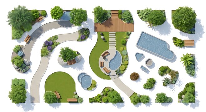 Landscape design elements with swimming pools trees and walkways on white background