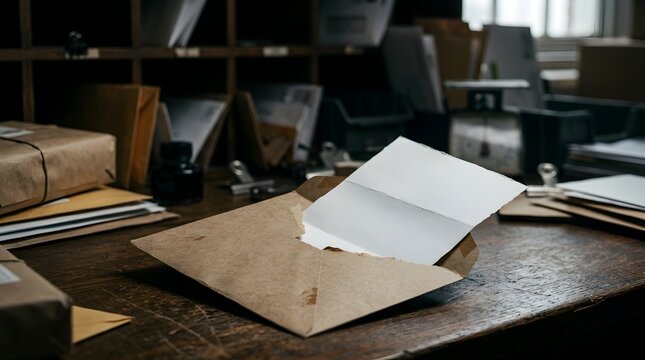 Open envelope with blank paper on a vintage wooden desk in office