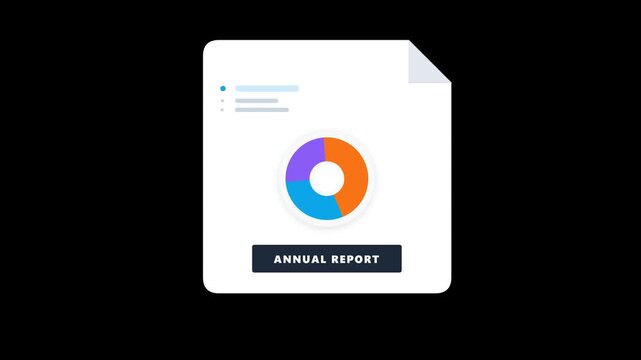 Annual report document icon with pie chart illustration for business data analysis, financial presentation, corporate statistics, and paper summary