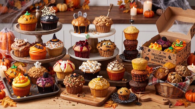 Halloween party cupcakes and muffins on wooden stands. Assorted festive baked treats with pumpkin spider web ghost and witch hat toppers. Fall seasonal dessert table spread for celebration