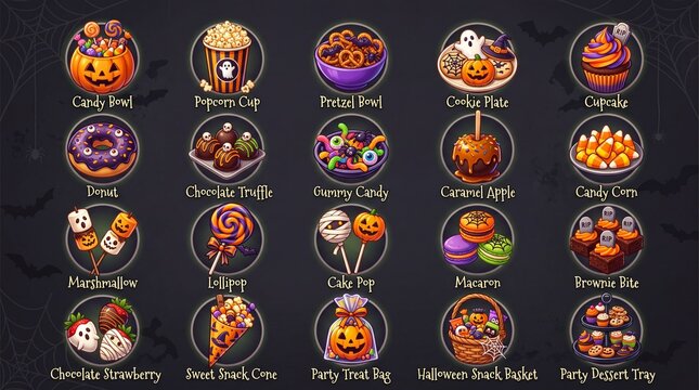 Halloween party treats solid icon set containing icons for Candy Bowl Popcorn Cup Pretzel Bowl Cookie Plate Cupcake Donut Chocolate Truffle Gummy Candy Caramel Apple and Candy Corn for celebration
