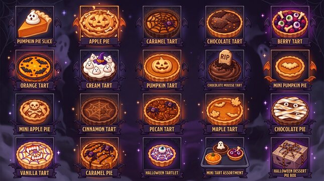 Halloween pies and tarts solid icon set containing icons for pumpkin pie apple pie caramel tart chocolate tart and berry tart for seasonal celebration and spooky party designs