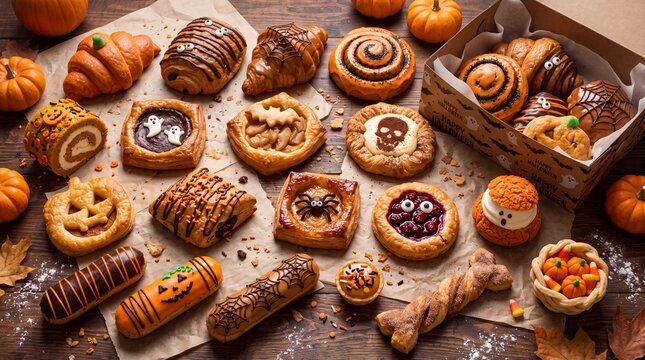 Halloween bakery assortment and festive pastries. Featuring mummy croissants pumpkin tarts ghost danishes spider web eclairs and skull cookies on wooden table with mini pumpkins